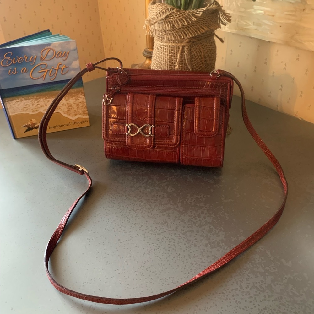 BRIGHTON Crossbody, MAROON RED, 6 inches tall and 7.5 inches wide, unfolds to 14